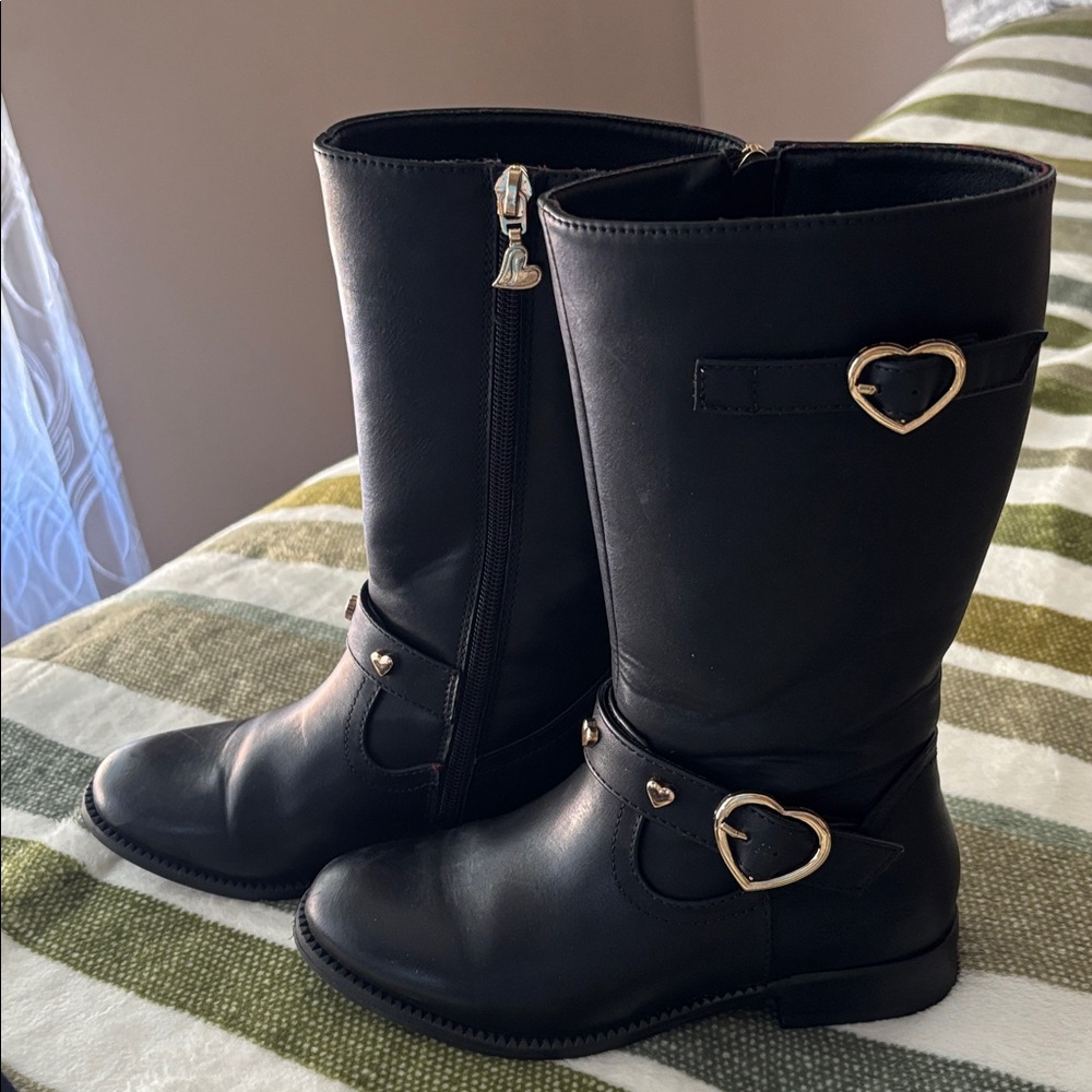 Skechers Black Kids Boots with Gold Heart Accents